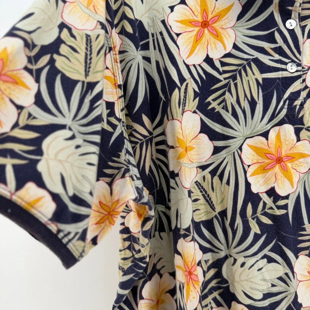 Caribbean Joe Polo Shirt Women 3X Navy Blue Tropical Floral Cotton Resort Casual - Picture 4 of 7